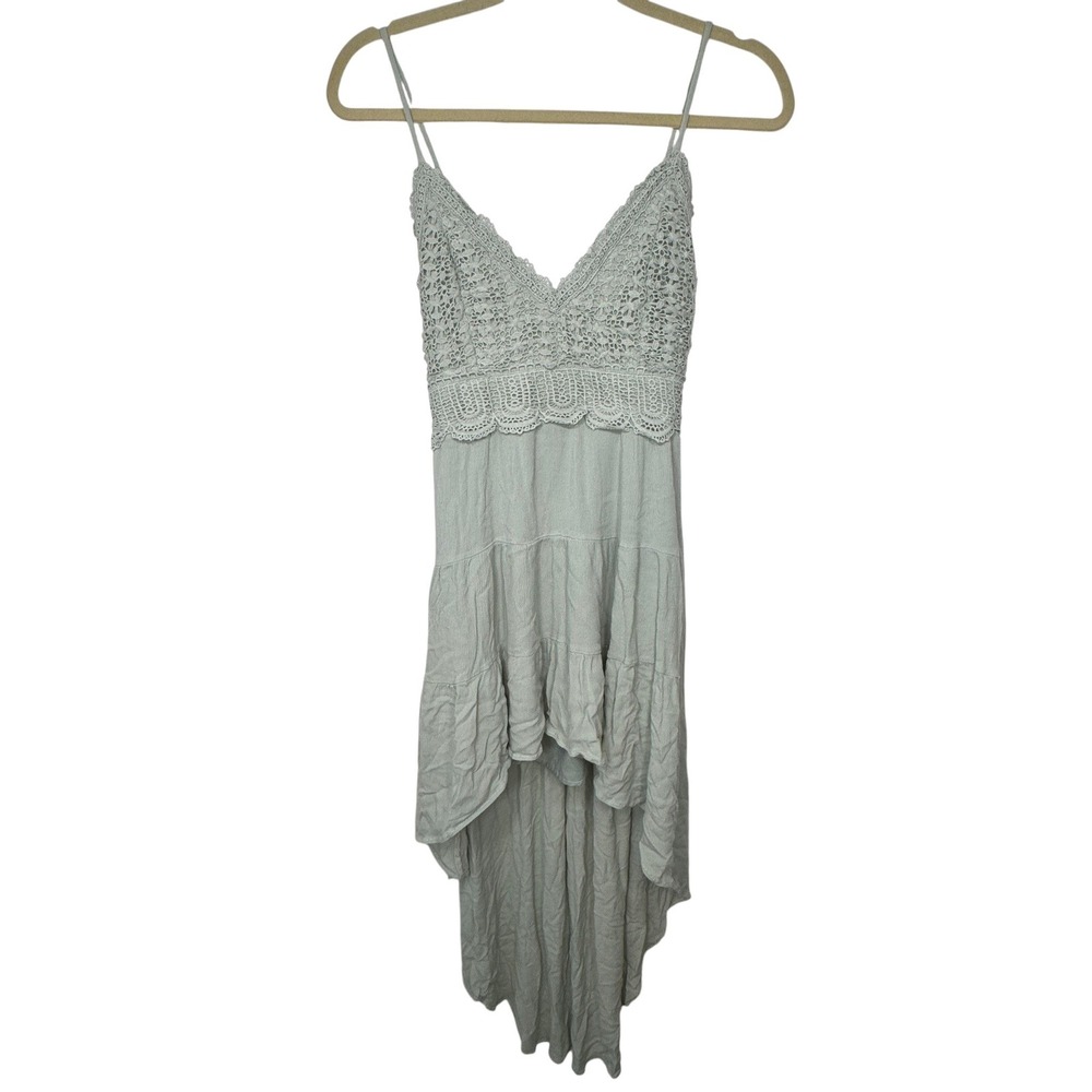 Privy‎ Sage Green Crochet Hi Lo Dress Womens Small Cami Strap Smocked Boho Lace